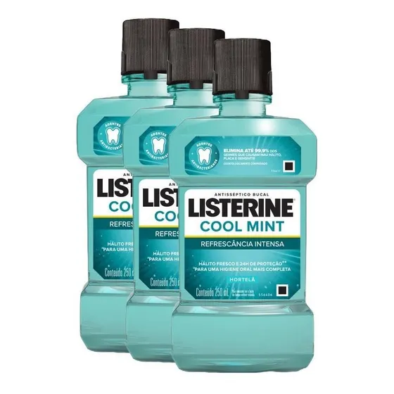 Kit Com 3 Antissépticos Bucal Listerine Cool Mint 250ml