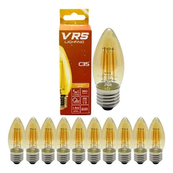 Kit 12 Lâmpadas Vela Filamento Led C35 Âmbar 4w Luz Amarela