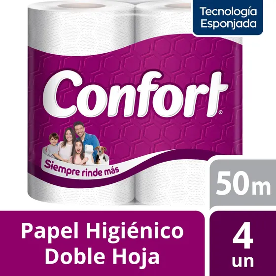 Papel Higiénico Confort Doble - Hoja Mega Tecnología Esponjada Papel Tissue Pack 4 Unidades 50 m Higiene Hogar Uso Diario | Cuotas sin interés