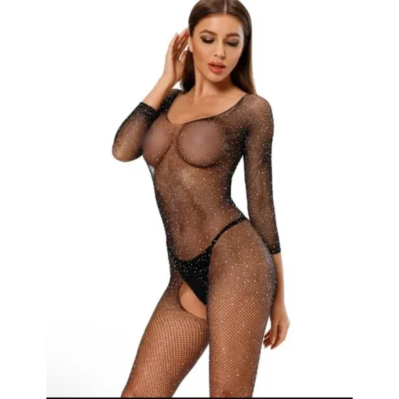 Lenceria Enterizo Malla Entera Negra Diamantes Brillantes