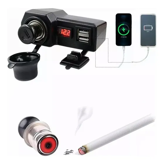 Cargador Tipo Encendedor Con 2 Usb Voltímetro Para Moto
