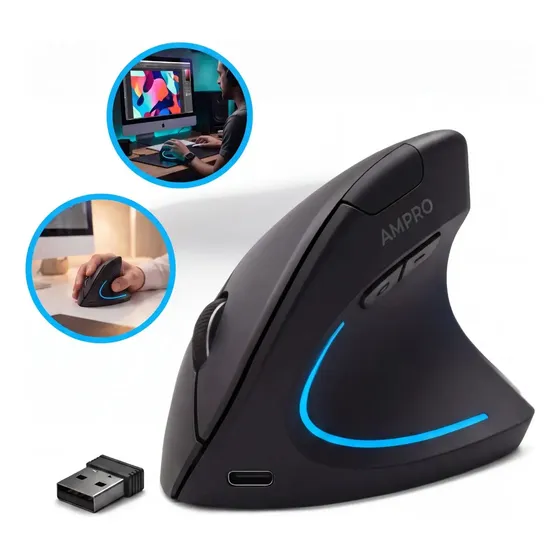 Mouse Vertical Ergonômico Recarregável Sem Fio Bluetooth Led Usb 2.4g 1600 Dpi Silencioso Portátil