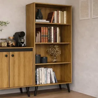 Ozini Conjunto Escritório 2 Peças - Estante Livros E Balcão Cor Lâmina Mel/pretoP