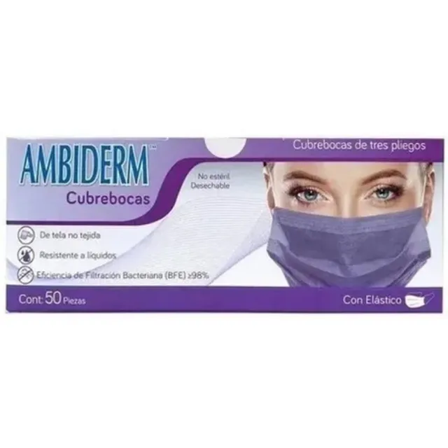 Cubrebocas Ambiderm 3 Pliegos Plisado Colores Caja 50pz Color Violeta