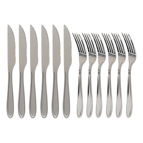 Conjunto 12 Talheres De Mesa Aço Inox 6 Garfos + 6 Facas Com Serra Cozinha Elegante Jantar Almoço Resistente Classic Mec G
