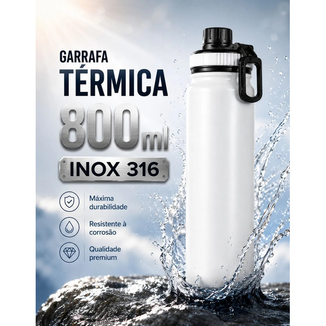 Garrafa Térmica 800ml Água Azarte Inox Academia Com Alça Branca