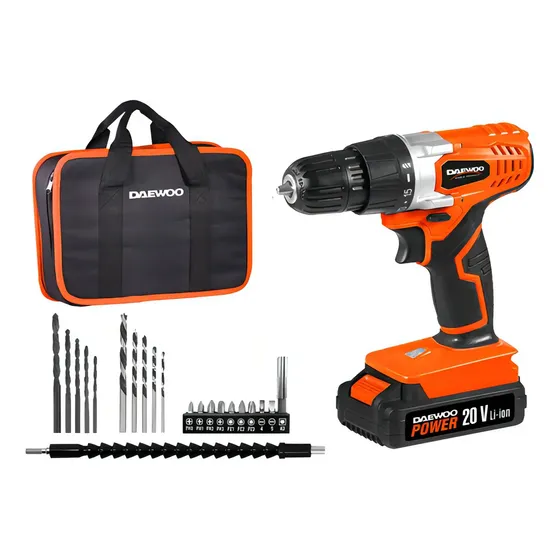 Taladro Atornillador Inalámbrico A Bateria De Litio Daewoo Dacd316 20v 10mm Naranja 50 Hz 1500 Mah 18 N.m. + Bolso + 19 Brocas