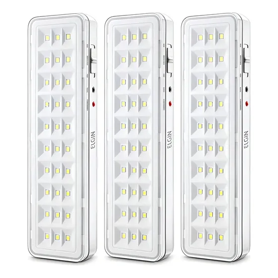 Kit 3 Luminária Emergência 30 Leds Elgin Bateria