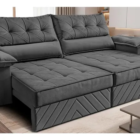 Sofá Retrátil 2,10m Molas E Espuma D33 Thunder. Cama Inbox Cinza Liso