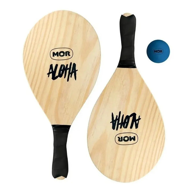 Kit de frescobol Mor Aloha contendo duas raquetes de madeira com cabo preto e uma bola de borracha azul sobre fundo branco