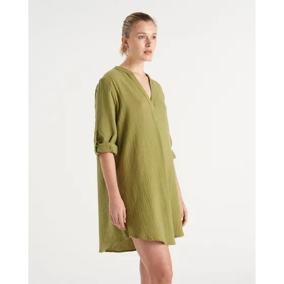 Vestido Amplio Manga Larga Cuello Mao Mujer Portsaid
