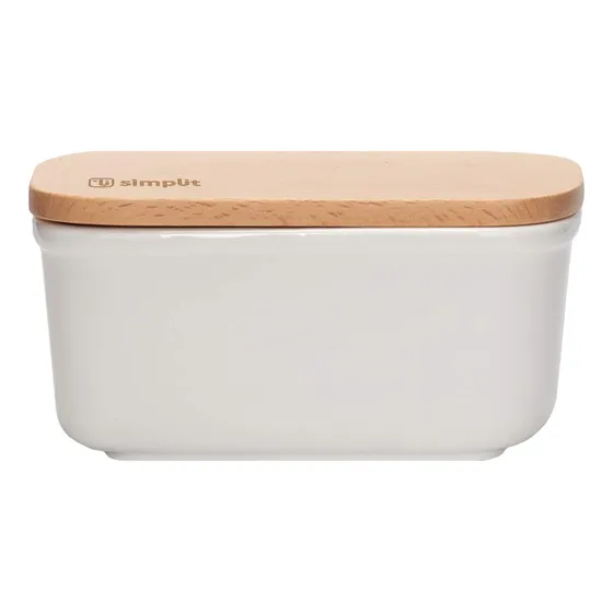 Mantequillero De Cerámica Tapa Bamboo 300 Ml Simplit Color Blanco