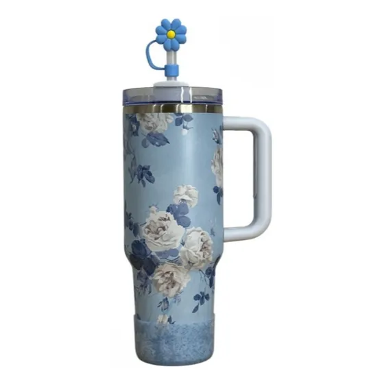 Copo Térmico Florido 1200ml Aço Inoxidável Com Canudo