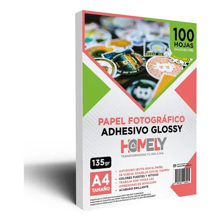 Papel Fotografico Glossy Adhesivo A4 135 Grs Homely 100 Hojas Blanco