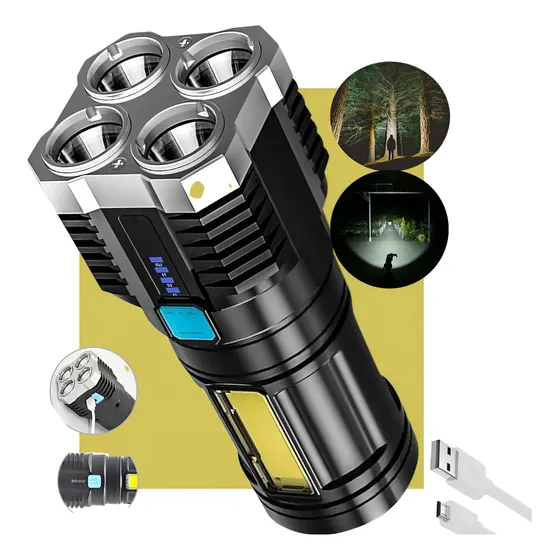 Lanterna Tática LED Militar 4 Leds Super Potente Alto Brilho Longo Alcance Recarregável USB Zoom Profissional Resistente Água Uso Tático Camping Emergência Uso externo Lanterna 4 Led Longa Autonomia