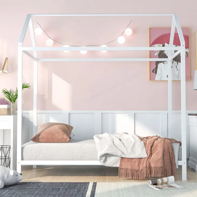 Cama Casa Tamaño Individual Techo Metal Marco No Necesita