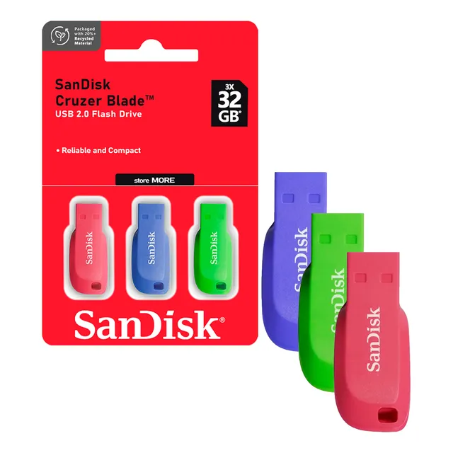 Triple Pack Pendrive Sandisk 32 Gb Usb 2.0 Rosado Azul Verde CRUZER BLADE 3- PACK