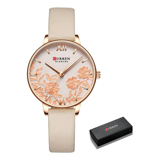 Reloj Curren Dama Correa Caqui Fondo Floreado + Caja + Envio