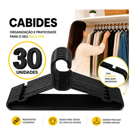 Cabides Adulto Reforçado Roupas 30 Unidades Atacado Plástico Preto