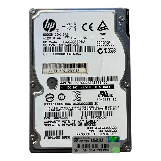HD HP 600 gb 6 g 10k 2.5 Sas 693569-003 581286-b21 581311-001 (sin cajón) @ Silver Color