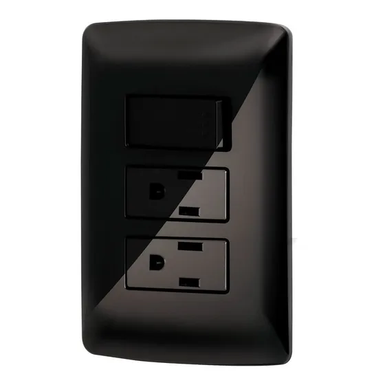 Placa Con 2 Contactos E Interruptor, Negro, Volteck 47593