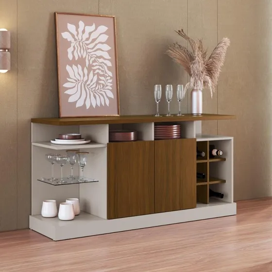 Aparador Buffet 136cm Com Adega Embutida Multimóveis Mp1100 Cor Off White/madeirado