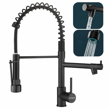 Torneira Gourmet para Cozinha Aço Inox 304 Preta Monocomando Água Quente e Fria, Dupla Saída, Bicas 360°, Jato Spray Potente e Fluxo Suave com Mola