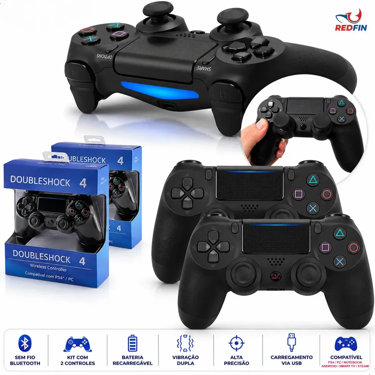Kit 2 controle para ps4 sem fio redfin para ps4 pc bluetooth touchpad vibracao dupla joystick compativel ps4 videogame tv pc celular android manete smart tv headset redfin