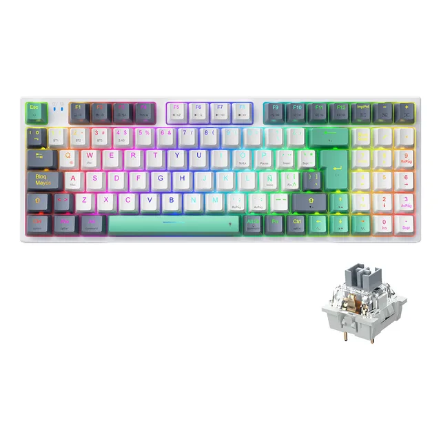 Teclado Mecánico Gamer Español Machenike K500pro 95 Tecla Inalámbrico RGB Gasket Ergonomico Teclado Numerico Para Pc 3/5 Pin Hotswap 3000mAh Anti-ghosting(Con cable + Receptor USB 2.4Ghz + Bluetooth)