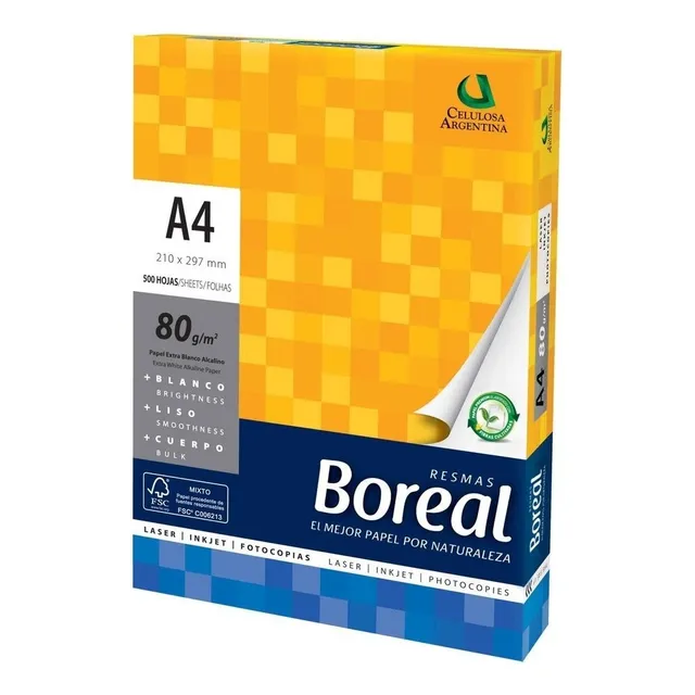 RESMA A4 BOREAL 80 GRAMOS 500 HOJAS 210MM X 297MM PAPEL MULTIFUNCION