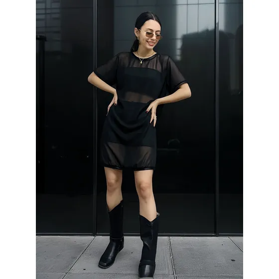 Vestido Gasa Tull - Transparente Negro