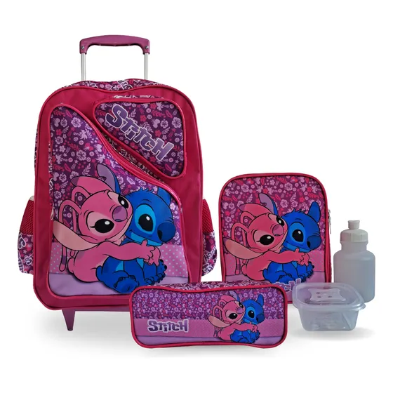 Kit Mochila Infantil Stitch Rosa Com Lancheira E Estojo G