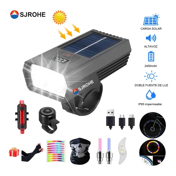 Sjrohe® Juego De 9 Piezas Luces Solares Accesorio Para Bicicleta Baterias Recargables 3 Modo 2000 Lúmenes Luz Delantera Bicicleta Linterna Para Bicicleta Luz Trasera Luz De Neumático Color Negro
