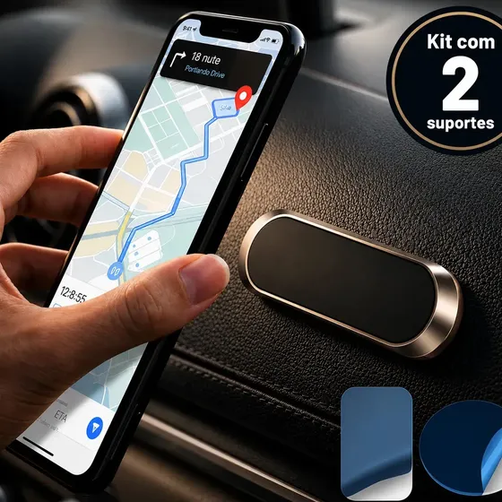 Kit 2 Suportes Magnéticos Veiculares para Celular e GPS com Fixação Adesiva
