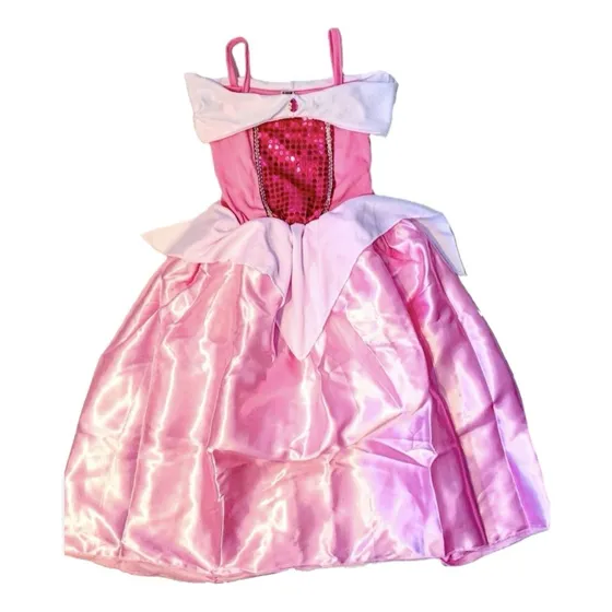 Vestido Aurora Bella Durmiente Princesa Rosa Disfraz Nena Largo Raso