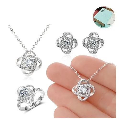 Juego De Collar De Anillo Y Aretes Mujer Plata 925 Con Caja