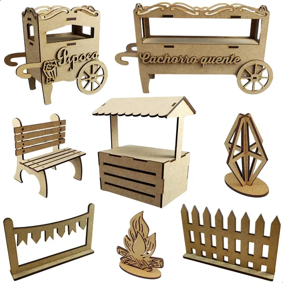 Enfeite de Mesa para Decoração de Festa Junina em MDF – Kit Completo Temático de São João Arraiá Quadrilha Balão Fogueira Bandeirinhas – Ideal para Mesa Principal e Convidados