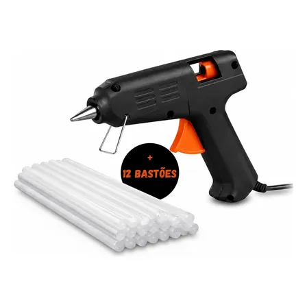 Kit Pistola Cola Quente 20w + 12 Bastões Cola Branca Bivolt Preto 127/220v