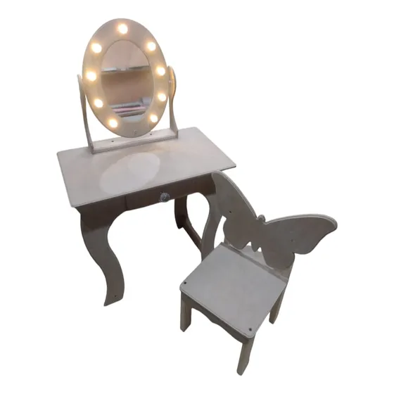 Tocador Infantil Sin Pintar + 9 Luces Led + Sillita Mariposa