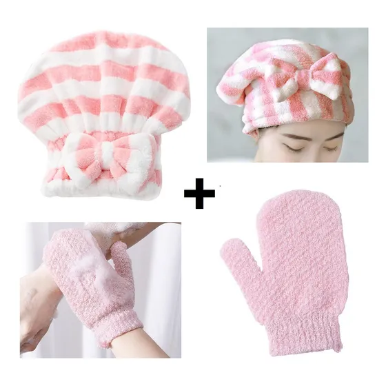 Kit Gorro De Baño Para El Cabello Y Guantes Para Exfoliación