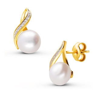 Aretes De Oro Amarillo 14k Con 4pts De Diamante Y Perla Aretes De Oro Amarillo 14k Con 4pts De Diamante Y Perla