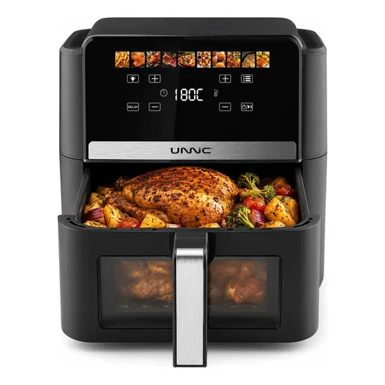 Freidora De Aire Unnic Air Fryer Panel Digital Táctil 10 Lts Programas De Cocción Sin Aceite Saludable Con Ventana Visor 1700W Acero Inoxidable Ideal Familiar Hogar Color Negro