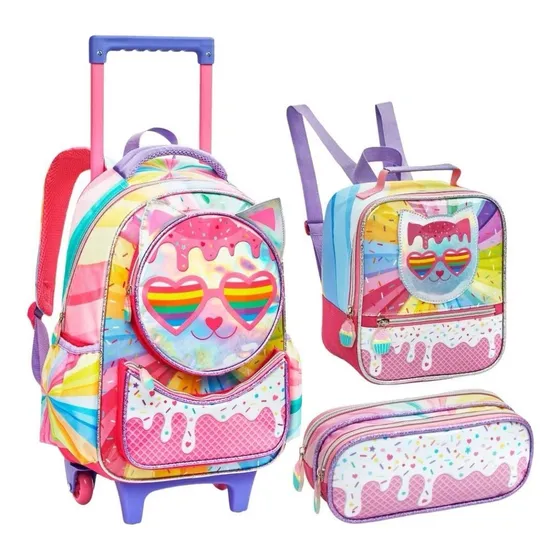 Conjunto Mochila com Rodinhas Lancheira e Estojo Infantil Escolar Menina Gatinha Arco Iris 3 Peças com Rodinha Denlex DL1704