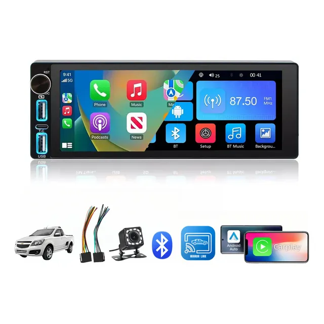 Auto Estéreo Carplay Para Hiace Tornado Beetle Kia Rio Tsuru Android Auto MirrorLink 6.68'' lps pantalla 1 Din Cámara Wifi Bluetooth FM BT HD AUX TF USB Pantallas para Carro