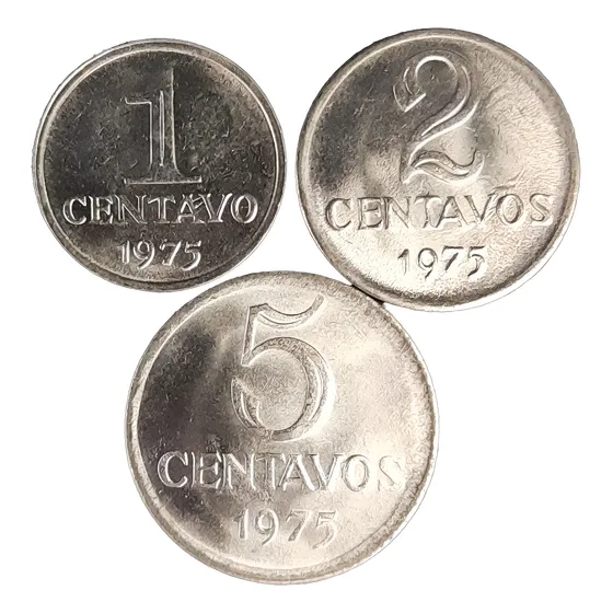 Lote 201 - 3 Moedas Fc 1, 2 E 5 Centavos 1975 Cruzeiro Novo