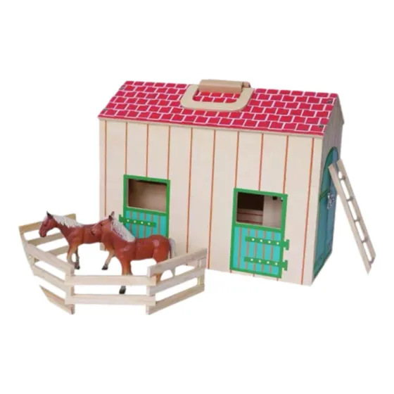 Con Caballos De Juguete, Juego De Establo De Madera, Juego