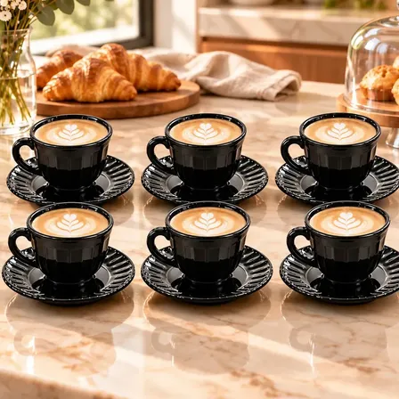 Jogo 6 Xícaras com 6 Pires Vidro Preto 85ml Café Chá Caneca Kit Conjunto