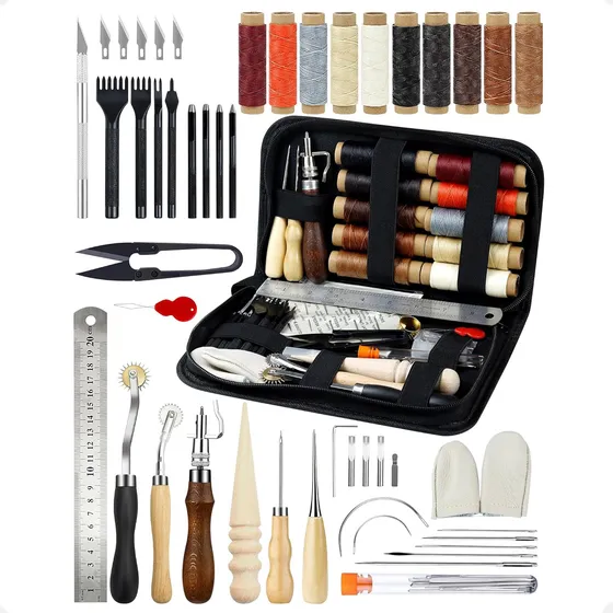 Kit Profesional De 53 Herramientas Para Artesanía En Cuero Set Completo Y Multifuncional Para Perforar, Costura, Reparación, Diseño Y Bricolaje De Proyectos En Piel Y Manualidades Otec