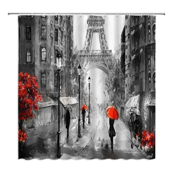 Pintura Al Oleo Paris Cortina Ducha Torre Eiffel Pareja Roja