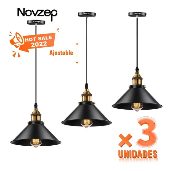 Pack X 3 Lampara Techo Colgante Vintage 22cm Metal Excelente Calidad 220V Color Negro